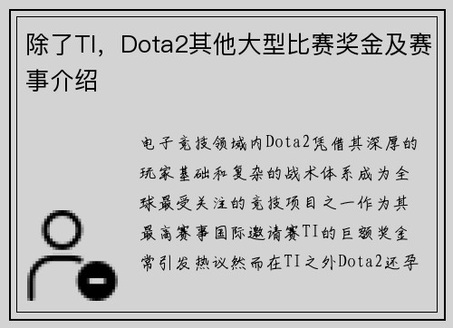 除了TI，Dota2其他大型比赛奖金及赛事介绍