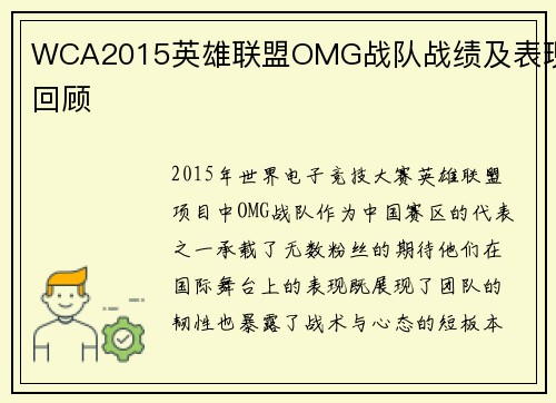 WCA2015英雄联盟OMG战队战绩及表现回顾