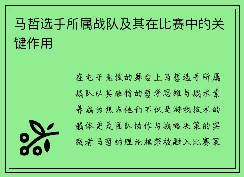 马哲选手所属战队及其在比赛中的关键作用