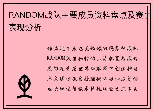 RANDOM战队主要成员资料盘点及赛事表现分析