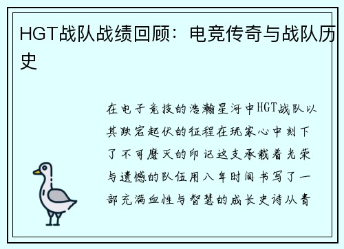 HGT战队战绩回顾：电竞传奇与战队历史